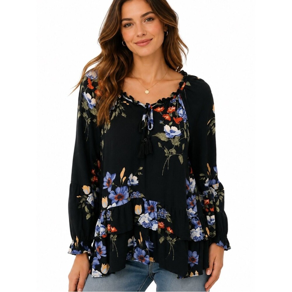 American Eagle Black Floral Peplum Long Sleeve Blouse Top M Boho Cottagecore
